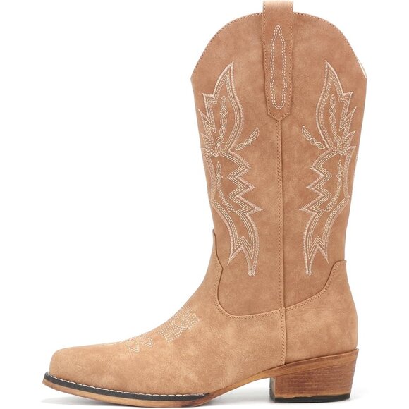 Women's Tan Western Boots Cowgirl Boots Pull On Pointy Toe Mid Calf Boots - Picture 4 of 6